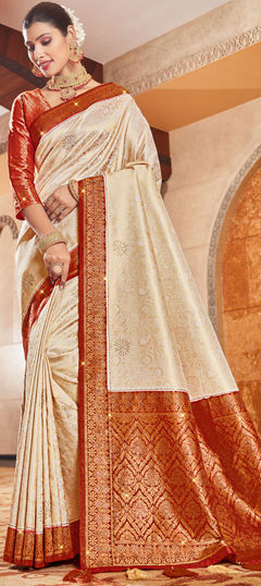 Red and Maroon, White and Off White color Saree in Brocade fabric with Stone, Weaving work