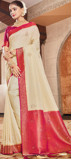 Pink and Majenta, White and Off White color Saree in Georgette fabric with Stone, Weaving work