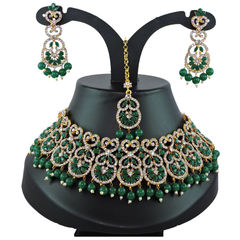 Gold Rodium Polish Green color Necklace in Metal Alloy studded with Austrian diamond
