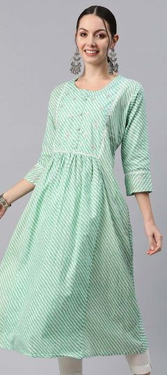 Festive, Summer Green color Kurti in Cotton fabric with Anarkali, Long Sleeve Gota Patti, Lehariya, Printed work : 1873044