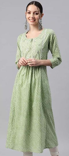 Festive, Summer Green color Kurti in Cotton fabric with Anarkali, Long Sleeve Gota Patti, Lehariya, Printed work : 1873048