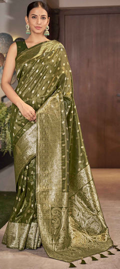 Green color Saree in Art Silk, Silk fabric with Weaving work