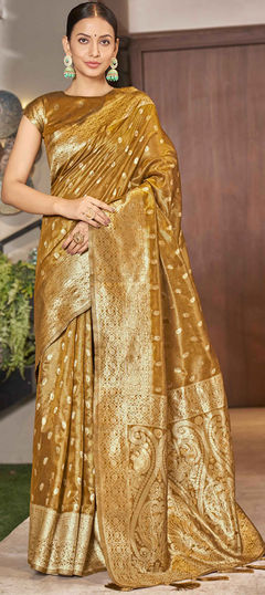 Yellow color Saree in Art Silk, Silk fabric with Weaving work