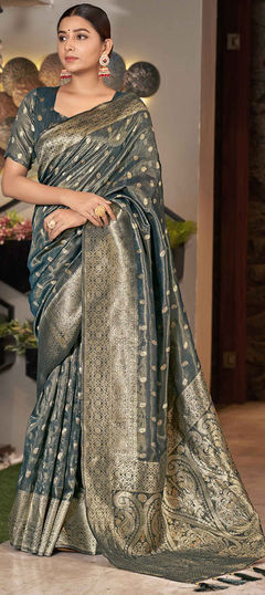 Black and Grey color Saree in Art Silk, Silk fabric with Weaving work