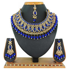 Gold Rodium Polish Blue color Necklace in Metal Alloy studded with CZ Diamond, Pearl