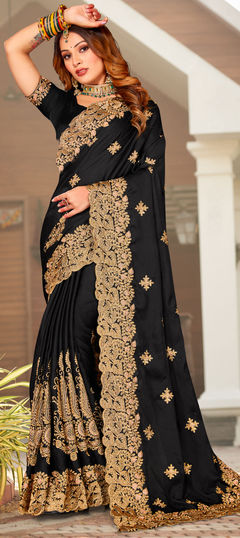 Black and Grey color Saree in Satin Silk, Silk fabric with Embroidered, Thread, Zari work