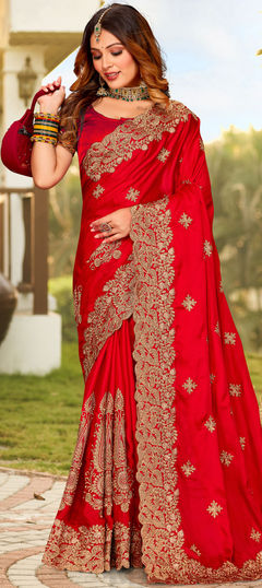 Red and Maroon color Saree in Satin Silk, Silk fabric with Embroidered, Thread, Zari work