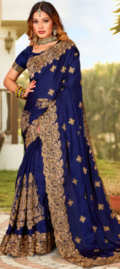 Mehendi Sangeet, Party Wear, Reception Blue color Saree in Satin Silk, Silk fabric with South Embroidered, Thread, Zari work : 1873402