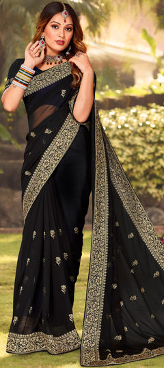 Black and Grey color Saree in Georgette fabric with Embroidered, Thread, Zari work