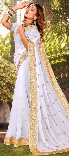 White and Off White color Saree in Georgette fabric with Embroidered, Thread, Zari work