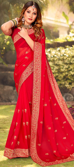 Red and Maroon color Saree in Georgette fabric with Embroidered, Thread, Zari work