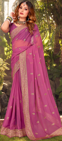 Pink and Majenta color Saree in Georgette fabric with Embroidered, Thread, Zari work