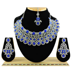 Gold Rodium Polish Blue color Necklace in Metal Alloy studded with CZ Diamond