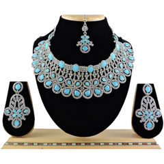 Gold Rodium Polish Blue color Necklace in Metal Alloy studded with CZ Diamond