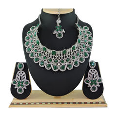 Gold Rodium Polish Green color Necklace in Metal Alloy studded with CZ Diamond