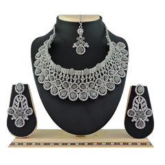 Gold Rodium Polish Black and Grey color Necklace in Metal Alloy studded with CZ Diamond