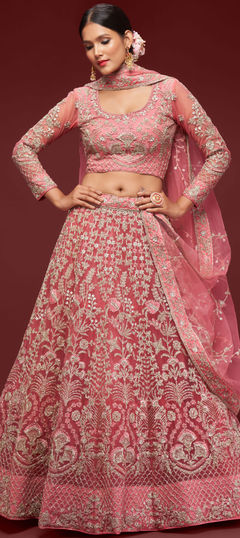 Bridal, Engagement, Wedding Pink and Majenta color Lehenga in Net fabric with Flared Embroidered, Thread, Zari work : 1873625