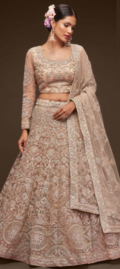 Beige and Brown color Lehenga in Net fabric with Embroidered, Thread, Zari work