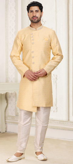 Yellow color IndoWestern Dress in Jacquard fabric with Embroidered work