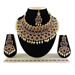 Gold Rodium Polish Black and Grey color Necklace in Metal Alloy studded with Austrian diamond, Pearl