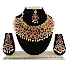Gold Rodium Polish Red and Maroon color Necklace in Metal Alloy studded with Austrian diamond, Pearl