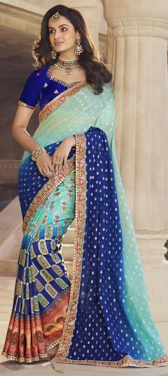 Blue color Saree in Georgette fabric with Border, Embroidered, Printed, Thread, Zari work