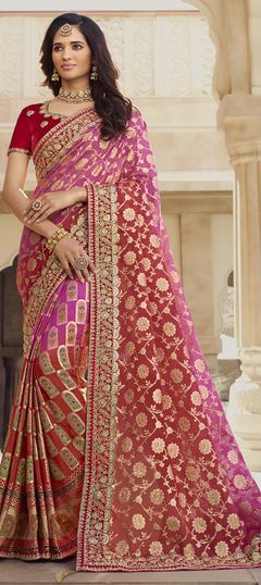 Mehendi Sangeet, Reception, Wedding Pink and Majenta, Red and Maroon color Saree in Georgette fabric with Classic Border, Embroidered, Printed, Thread, Zari work : 1873878