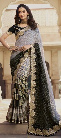 Mehendi Sangeet, Reception, Wedding Black and Grey color Saree in Georgette fabric with Classic Border, Embroidered, Printed, Thread, Zari work : 1873880