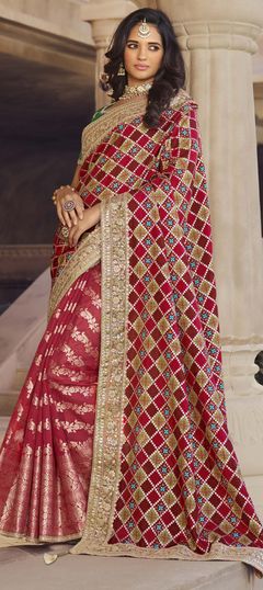 Red and Maroon color Saree in Georgette fabric with Border, Embroidered, Printed, Thread, Zari work