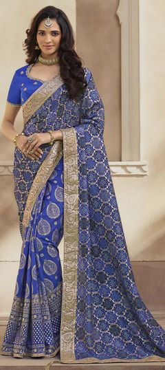 Blue color Saree in Georgette fabric with Border, Embroidered, Sequence, Thread, Zari work