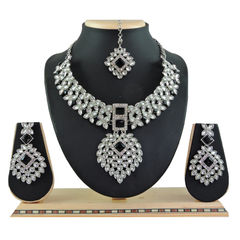 Gold Rodium Polish Black and Grey color Necklace in Metal Alloy studded with CZ Diamond, Kundan