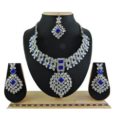 Gold Rodium Polish Blue color Necklace in Metal Alloy studded with CZ Diamond, Kundan