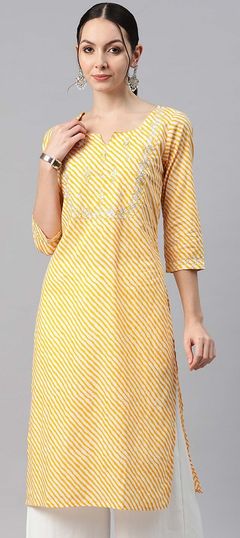 Yellow color Kurti in Cotton fabric with Lehariya, Printed, Resham, Thread work