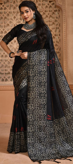 Party Wear, Traditional Black and Grey color Saree in Raw Silk, Silk fabric with South Printed work : 1874182