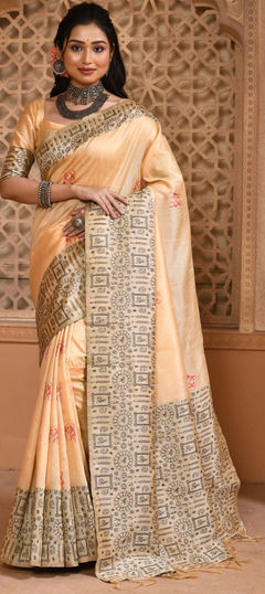 Party Wear, Traditional Beige and Brown color Saree in Raw Silk, Silk fabric with South Printed work : 1874185