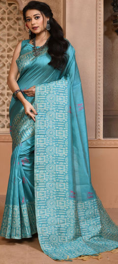 Blue color Saree in Raw Silk, Silk fabric with Printed work