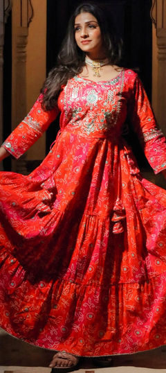 Multicolor color Gown in Cotton fabric with Bandhej, Embroidered, Gota Patti, Printed work