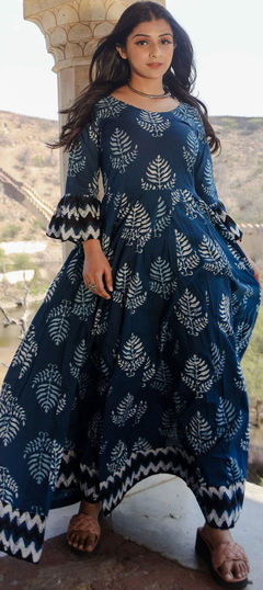 Blue color Gown in Cotton fabric with Printed work