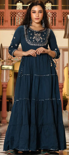 Blue color Gown in Cotton fabric with Embroidered, Thread work