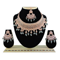 Gold Rodium Polish Black and Grey color Necklace in Metal Alloy studded with Beads, CZ Diamond