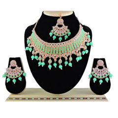Gold Rodium Polish Green color Necklace in Metal Alloy studded with Beads, CZ Diamond