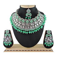 Gold Rodium Polish Green color Necklace in Metal Alloy studded with Beads, CZ Diamond