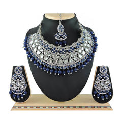 Gold Rodium Polish Blue color Necklace in Metal Alloy studded with Beads, CZ Diamond