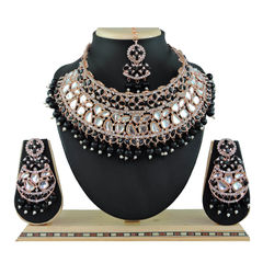 Gold Rodium Polish Black and Grey color Necklace in Metal Alloy studded with Beads, CZ Diamond