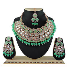 Gold Rodium Polish Green color Necklace in Metal Alloy studded with Beads, CZ Diamond
