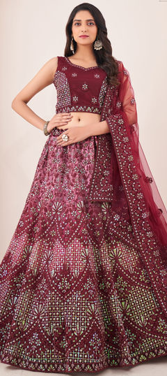 Engagement, Reception, Wedding Purple and Violet color Lehenga in Net fabric with Flared Sequence, Thread, Zircon work : 1874464