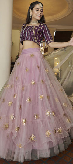 Engagement, Mehendi Sangeet, Reception Purple and Violet color Lehenga in Net fabric with Ruffle Embroidered, Sequence, Thread work : 1874632