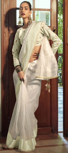 White and Off White color Saree in Organza Silk, Silk fabric with Lace, Stone, Zari work