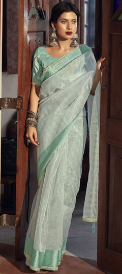 Green color Saree in Organza Silk, Silk fabric with Lace, Stone, Zari work