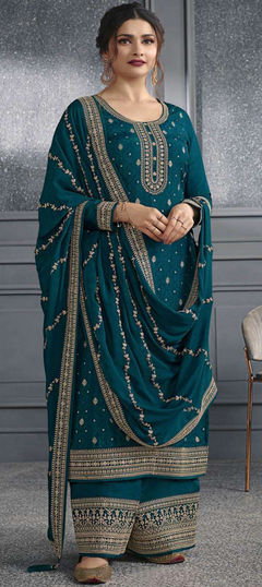 Bollywood Blue color Salwar Kameez in Dolla Silk fabric with Palazzo, Straight Embroidered, Sequence, Thread work : 1874750